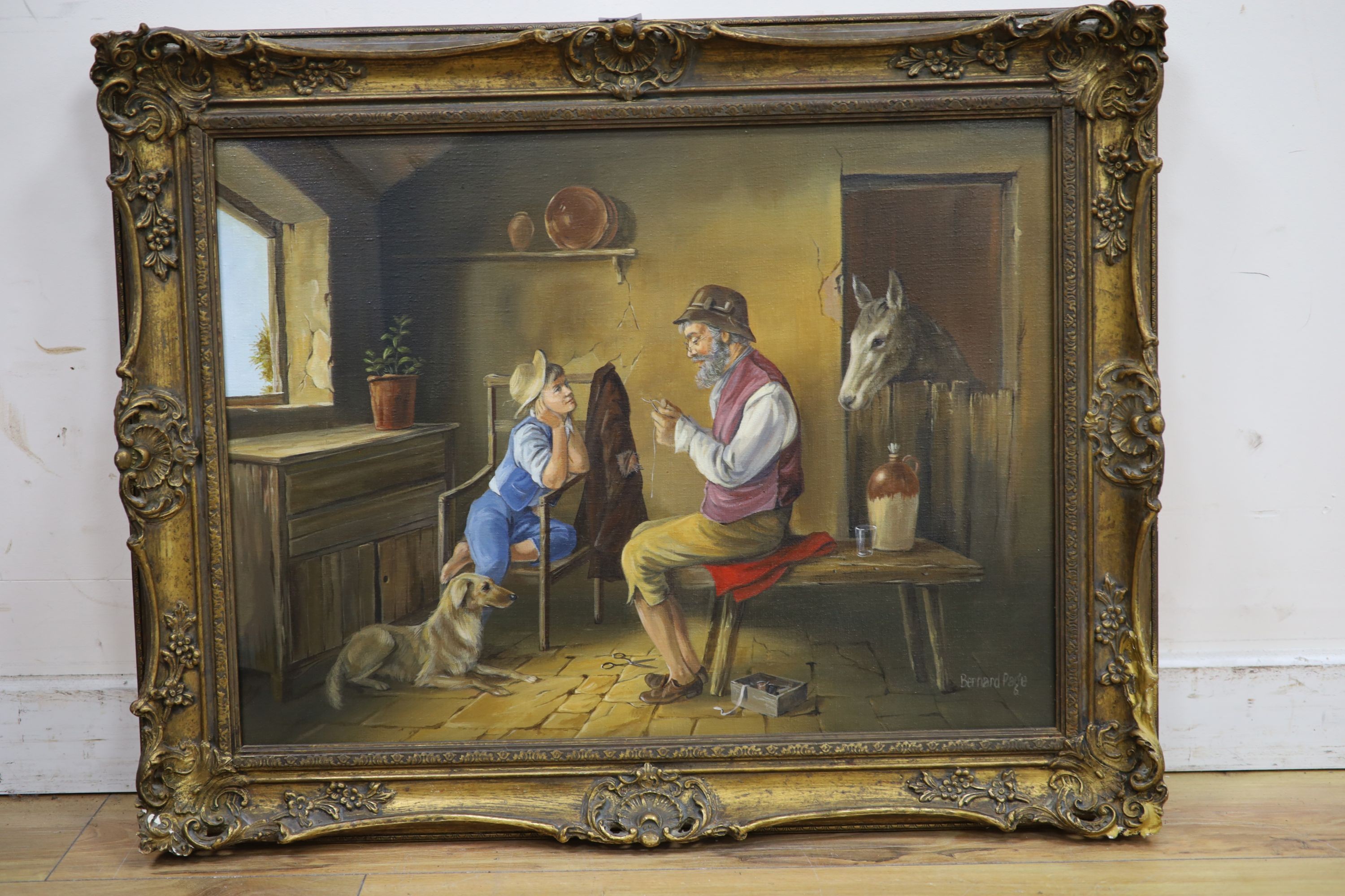 Bernard Page (20th English school), oil on canvas, Interior scene with figures, a donkey and a dog, signed, 46 x 61cm.